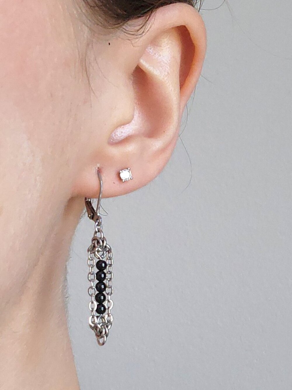 Gothic silver and black onyx dangly leverback earrings